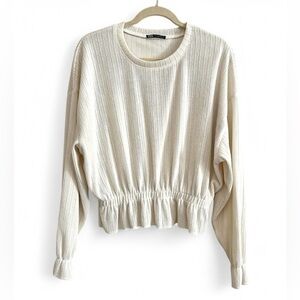 Zara Ribbed Ruffle Sweater Top Cinch Waist Long Sleeve Cream Size Medium
